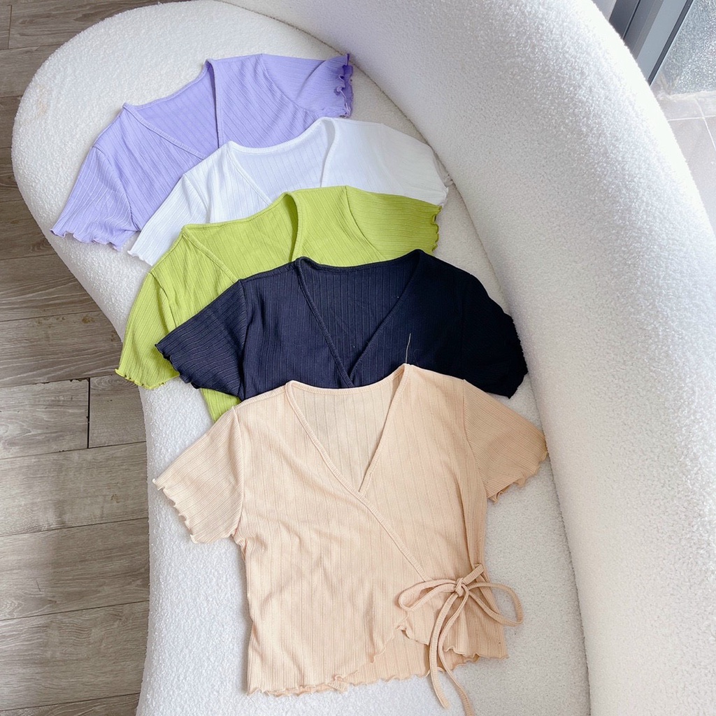 Áo thun croptop tay ngắn cổ V vạt chéo buộc dây eo chất thun gân