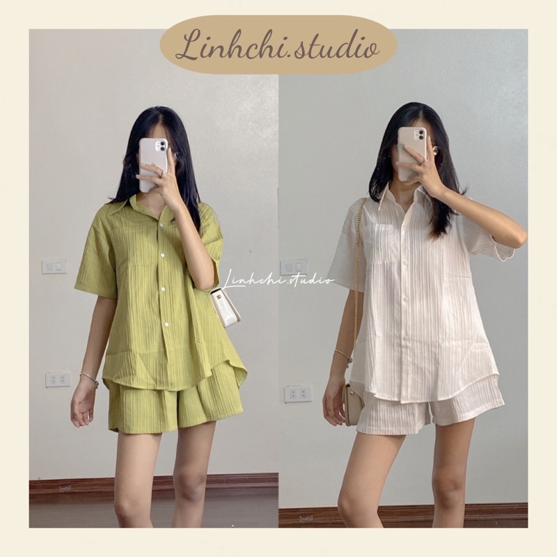 Set bộ áo sơ mi xẻ lưng kèm quần short ống rộng chất đũi gân_Linhchi.studio