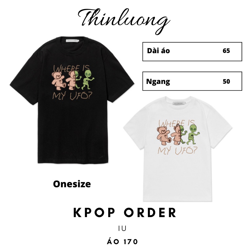 Áo thun IU in hình ba chú gấu cotton màu trắng đen trơn đáng yêu dáng oversize