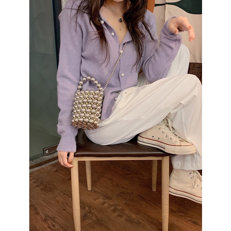 HÀNG SẴN_Áo Khoác Cardigan Cashmere Retro Đính Cúc Thu Đông 2021
