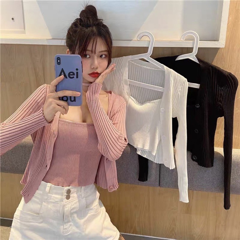 Set Áo Len 2 Dây Tăm + Cardigan Sọc To 💋Freeship💋 Hoàn xu