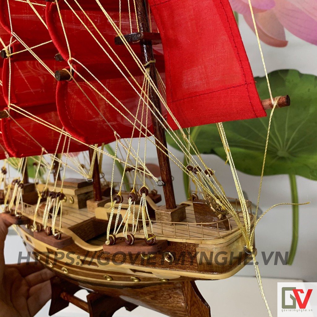 [Dài 55cm] Mô hình tàu thuyền gỗ thuyền trang trí tàu chở hàng France II - Thân tàu dài 40cm - Buồm vải màu đỏ