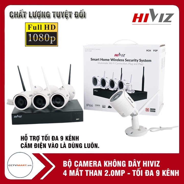 Trọn Bộ Camera KIT Hiviz không dây Fullhd 1080P HI-KIT904W - Đầy đủ cắm nguồn là dùng