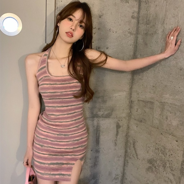 【ZHELIHANGFEI】Đầm Dệt Kim Cổ Yếm Xẻ Tà Kẻ Sọc Quyến Rũ Thời Trang Cho Nữ