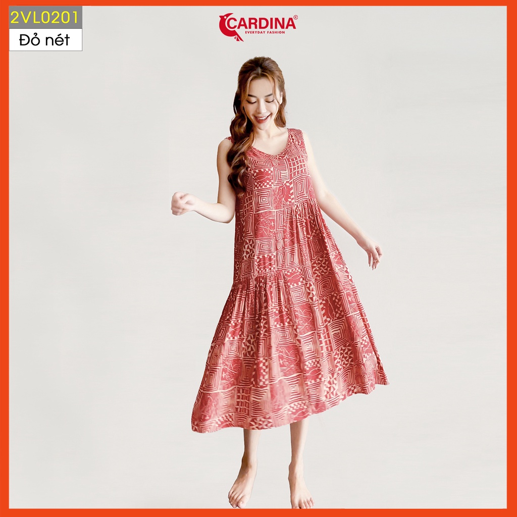 Đầm nữ CARDINA sát nách chất lanh lụa cao cấp kiểu dáng baby doll lệch tầng họa tiết hoa 2VL02