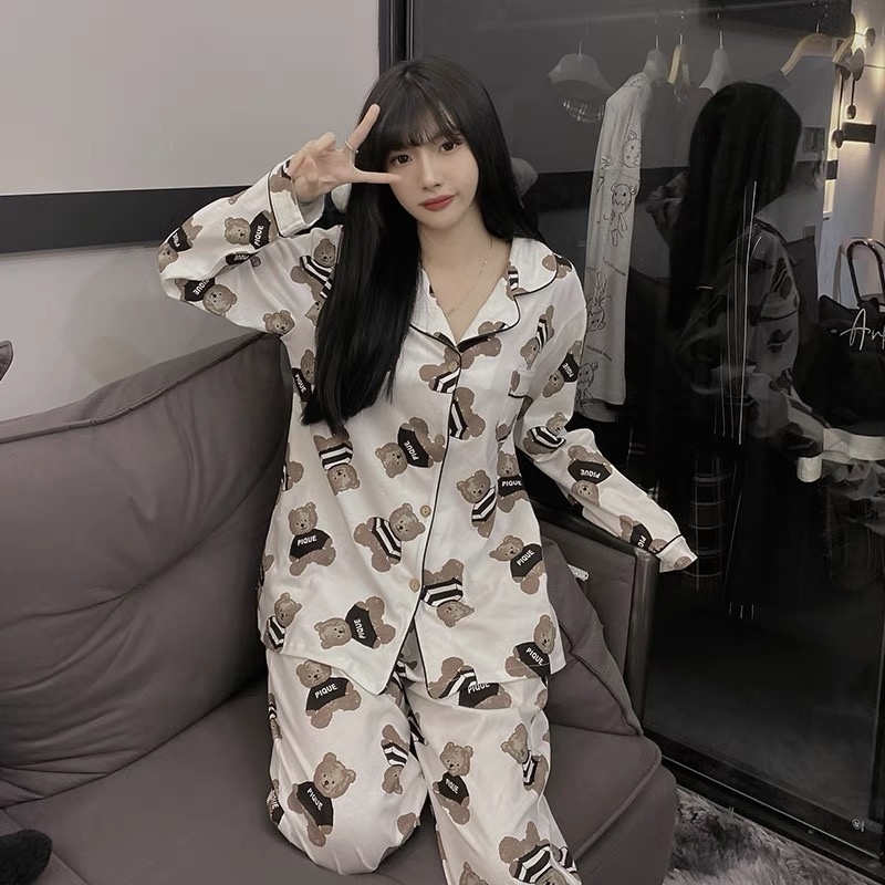 Bộ đồ ngủ nữ Pijama tay dài chất thun cotton hoạ tiết hình gấu dễ thương | BigBuy360 - bigbuy360.vn
