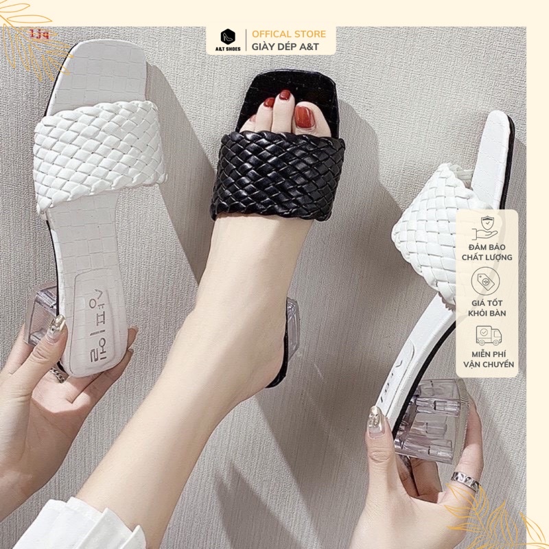 Sandal , Guốc cao gót quai đan chéo bản to da cá sấu gót vuông 5cm