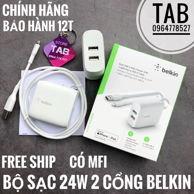 Bộ Sạc Nhanh 24w 2 Cổng Belkin Có MFI - Chính Hãng (Bảo Hành 12T)