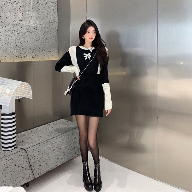 Đầm nữ dệt kim ZHELIHANGFEI tay dài lộ vai gợi cảm thời trang