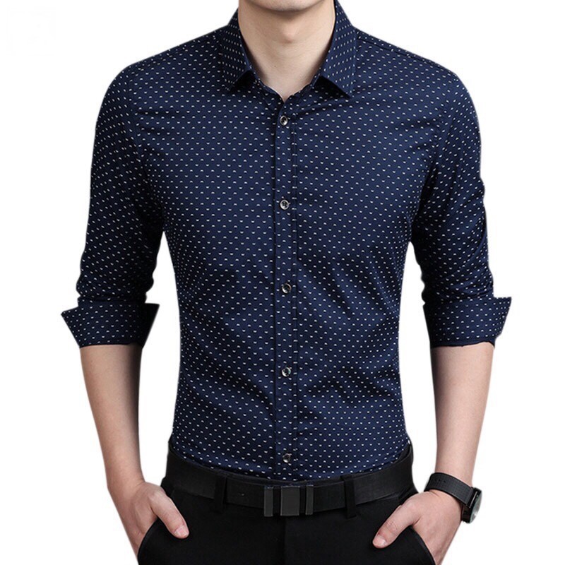 Áo sơ mi nam họa tiết chấm bi cao cấp, chất vải cotton mịn phong cách công sở OKU shop