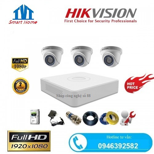 Combo bộ 3 camera Hikvision 2mp + Đầy đủ phụ kiện tự lắp đặt tại nhà được