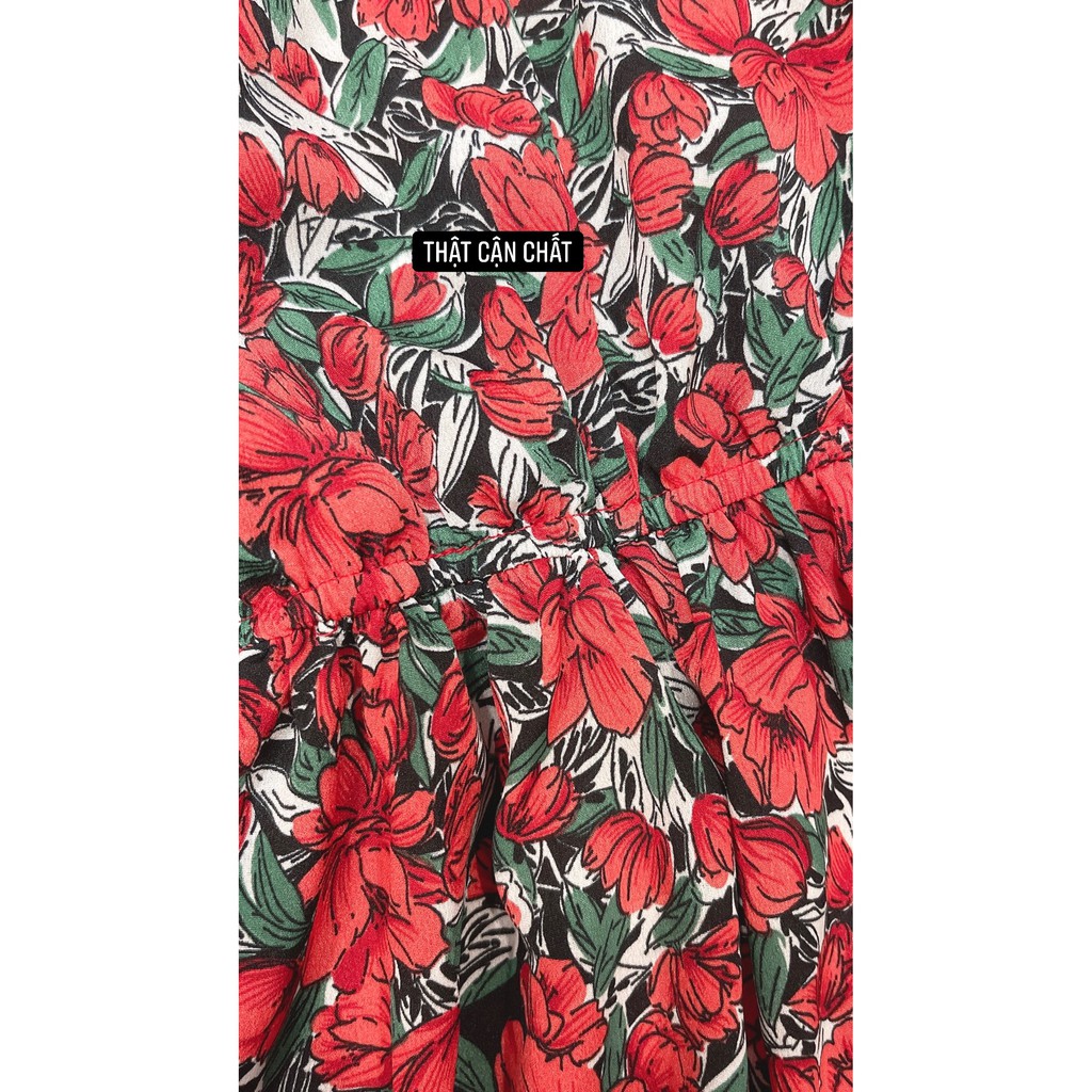 VÁY HOA ĐỎ VINTAGE CỔ V CHUN EO | BigBuy360 - bigbuy360.vn