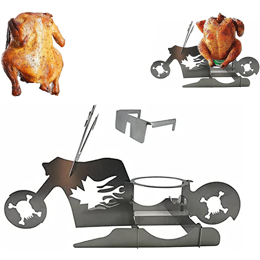 MIOSHOP Glasses Barbecue Grill Picnics BBQ Chicken Stand Beer Motorcycle Chicken Roasting Rack Outdoor Grill Oven Stainless Steel Rack Portable