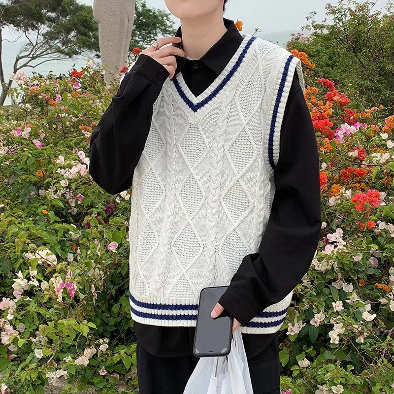 Áo sweater không tay cổ chữ V dáng rộng phong cách mùa thu cho nam