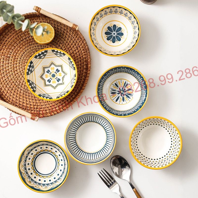 Chén Dĩa Sứ Bát Ăn Cơm Đĩa Sứ Decor trang trí Bát cơm họa tiết thổ cẩm mới lạ độc đáo cho gia đình