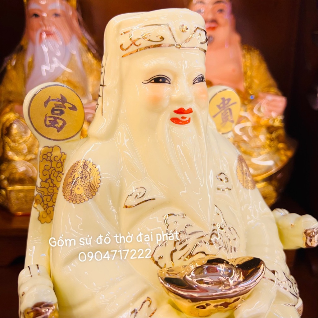 Tượng thần tài thổ địa sứ vàng ngà, Tài địa sứ cao cấp kích thước 25cm có vị trí nạp cốt khai quang
