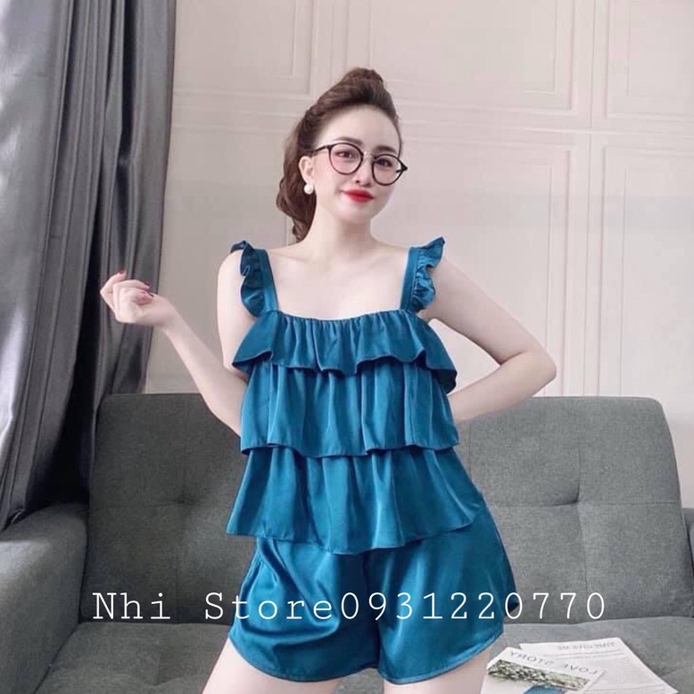 Bộ Lụa Latin Mặc Nhà Nhistore Quần Ngắn Áo 2 Dây Bèo 3 Tầng Freesize Dưới 57kg
