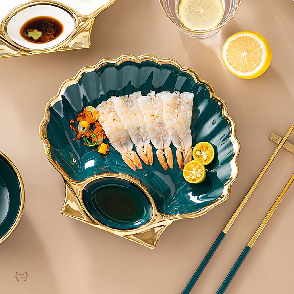 Đĩa Sò Có Ngăn Kẻ Vàng Kim | Đĩa sò cao cấp có chia ngăn gia vị | Đĩa Sứ Phong Cách VINTAGE Hình Vỏ Sò Xanh - Trắng
