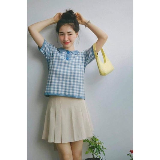 Áo Polo Croptop Dệt Kim Kẻ Caro Tiểu Thư Thanh Lịch Nữ Tính Trẻ Trung Giống Áo Hoà Minzy Style Hàn Quốc(có ảnh thật)