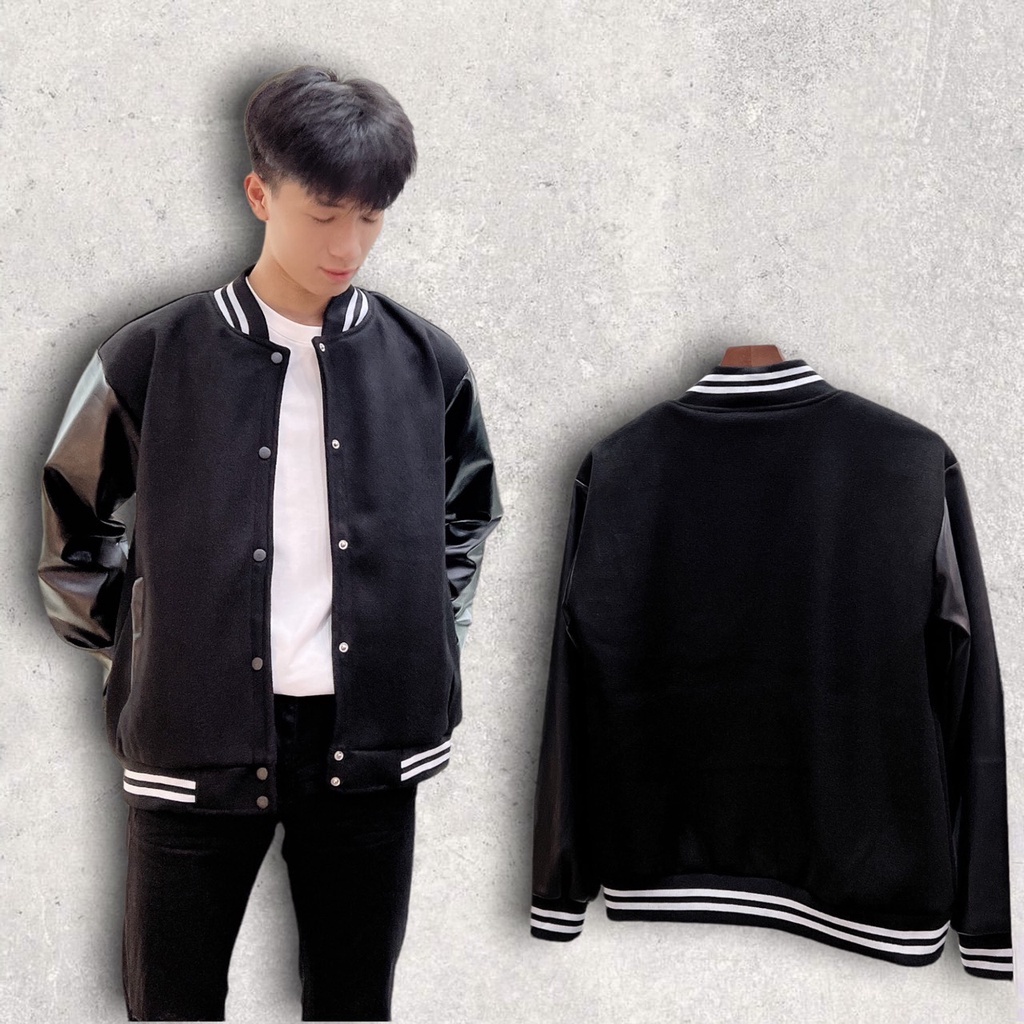 Áo Bomber Nam Hai Màu Trơn Phối Tay Da Đen Trắng Thời Trang Nam Kiểu Dáng Khoác Ngoài