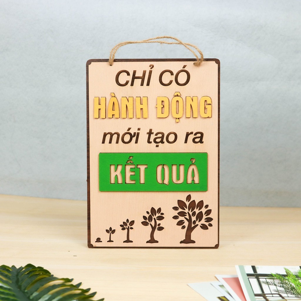 Bảng gỗ trang trí slogan, bảng gỗ tạo động lực in chữ "Hành động -  Kết quả" mẫu mới độc đáo