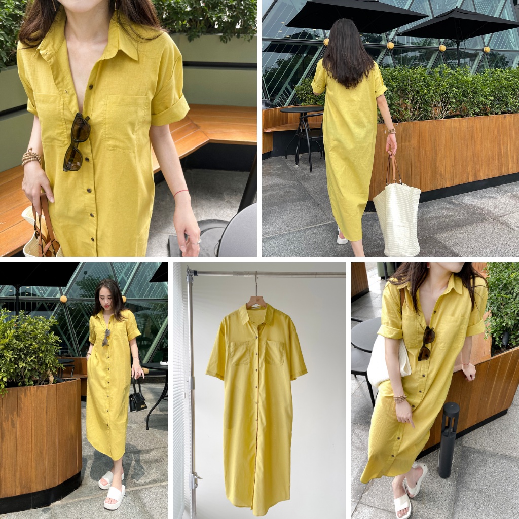 Váy sơ mi cộc tay dáng dài, Váy linen cao cấp che khuyết điểm tôn dáng, Macs Aster Dress