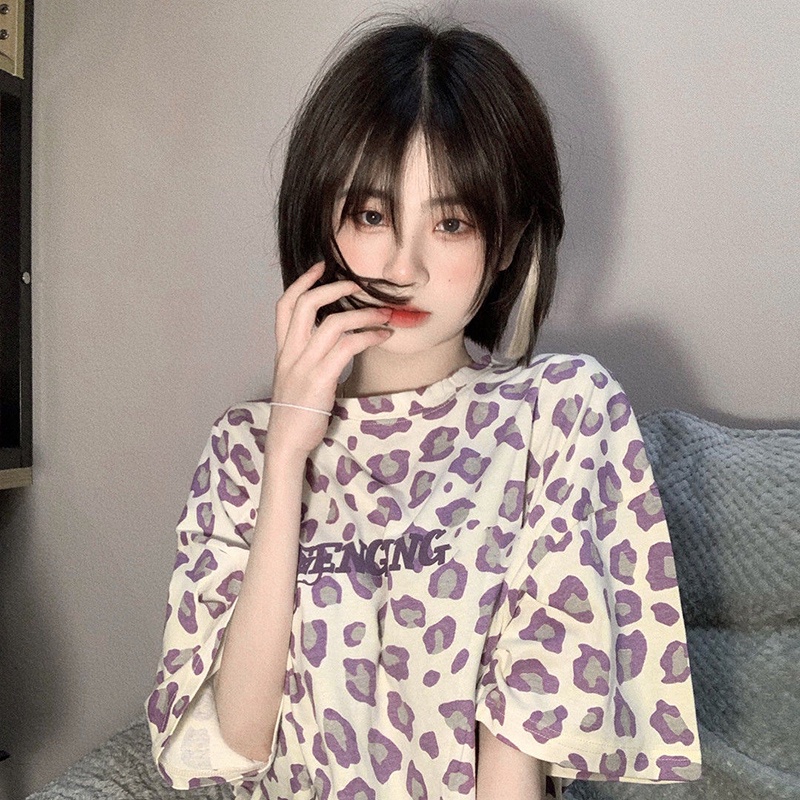 Áo Thun Tay Ngắn Dáng Rộng In Họa Tiết Da Báo Phong Cách Harajuku Hàn Quốc Thời Trang Mùa Hè Cho Nữ