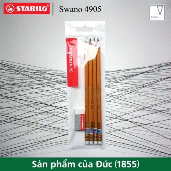 Combo 4 cây bút chì chuốt thân gỗ STABILO Swano 4905 HB + gôm tẩy ER193 (Thân vàng có tẩy)