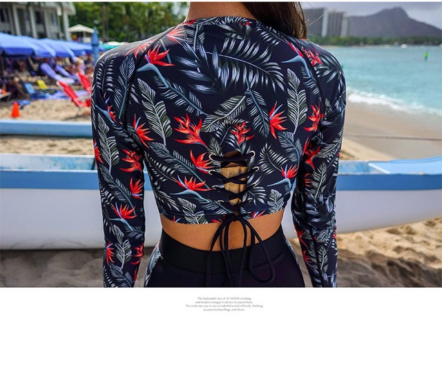Bikini quần đùi cạp cao tay dài hoa lá | BigBuy360 - bigbuy360.vn
