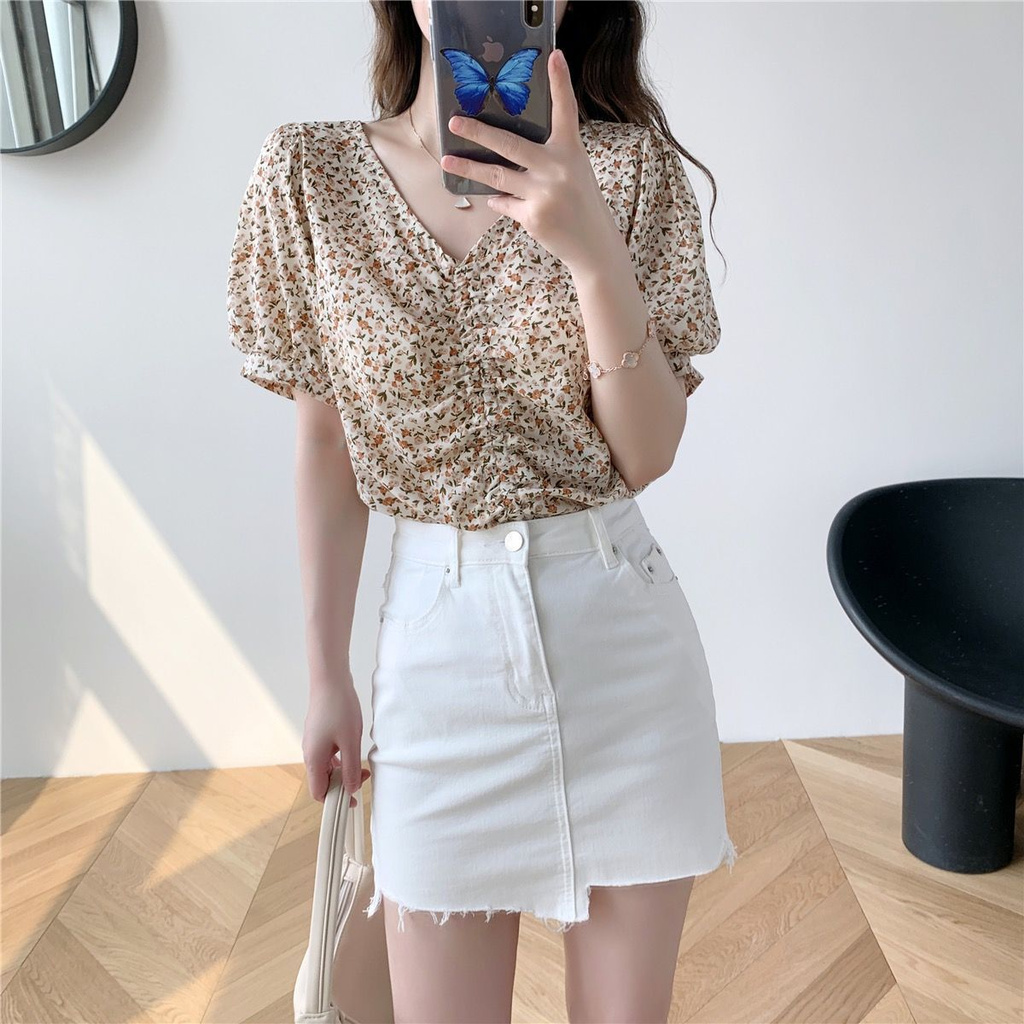 ❤️❤️Áo Sơ Mi Chiffon Tay Ngắn Cổ Chữ V Phối Dây Rút In Họa Tiết Hoa Nhí Xinh Xắn Thời Trang Phong Cách Hàn Quốc Cho Nữ