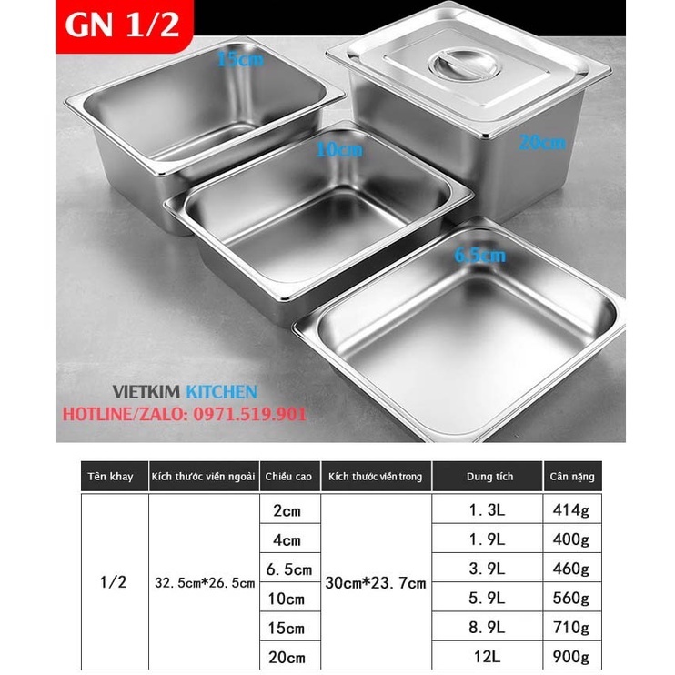 Khay đựng thạch trà sữa inox 304 loại gn 1/2 sâu 15cm có nắp