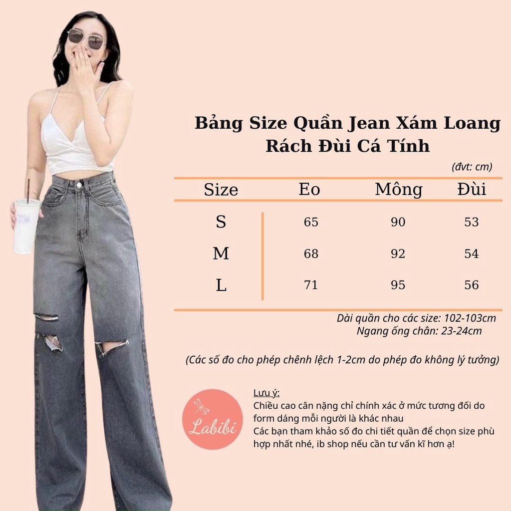 Quần Jean Loang Xám Nữ Form Suông Ống Rộng Rách Đùi Cá Tính, Labibi