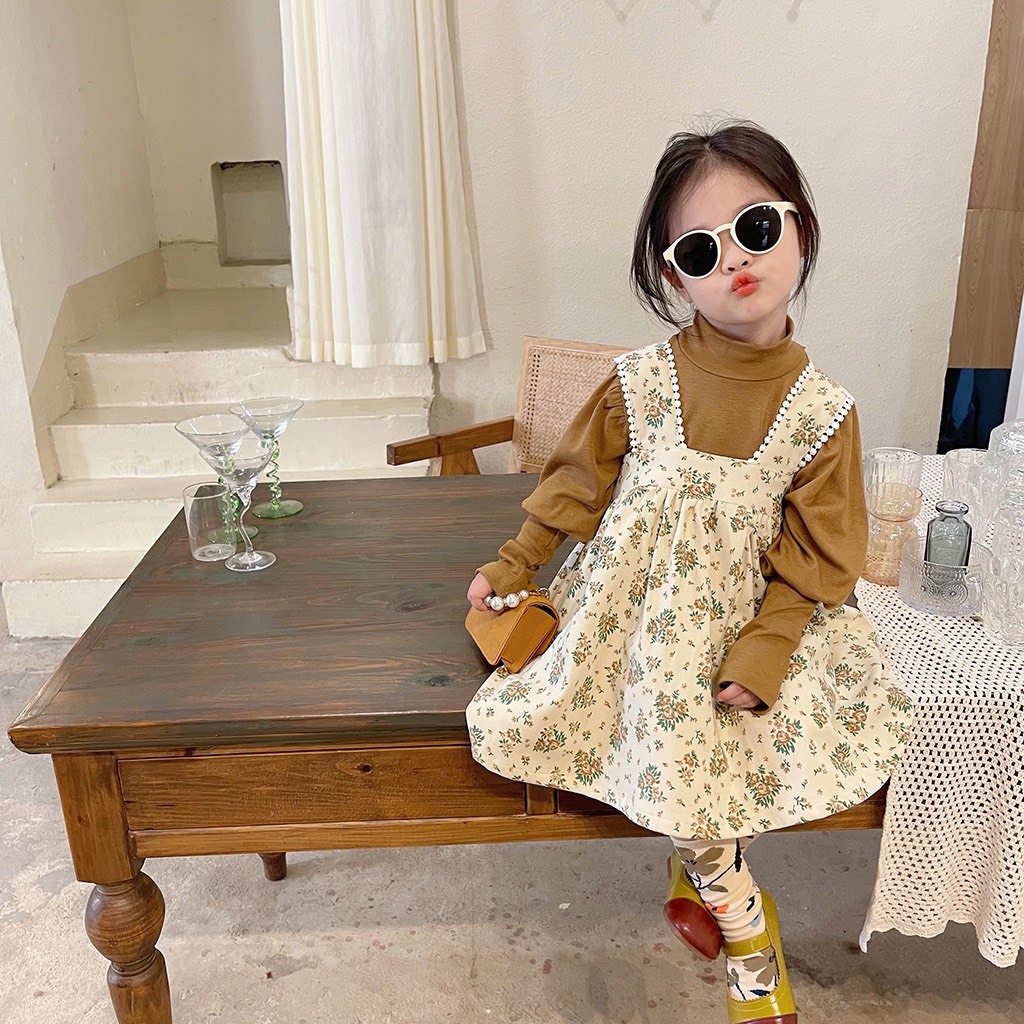 Váy bé gái dài tay yếm hoa nhung tăm và áo thun cổ 3p 2 mầu Nâu/Xanh, áo rời váy yếm XHN1080