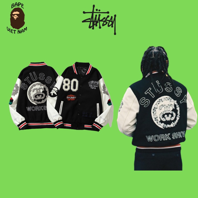 [Best Quality] Áo Khoác STUSSY X OUR LEGACY X DENIM TEARS VARSITY JACKET, Màu đen, Tay da trắng BapeVN