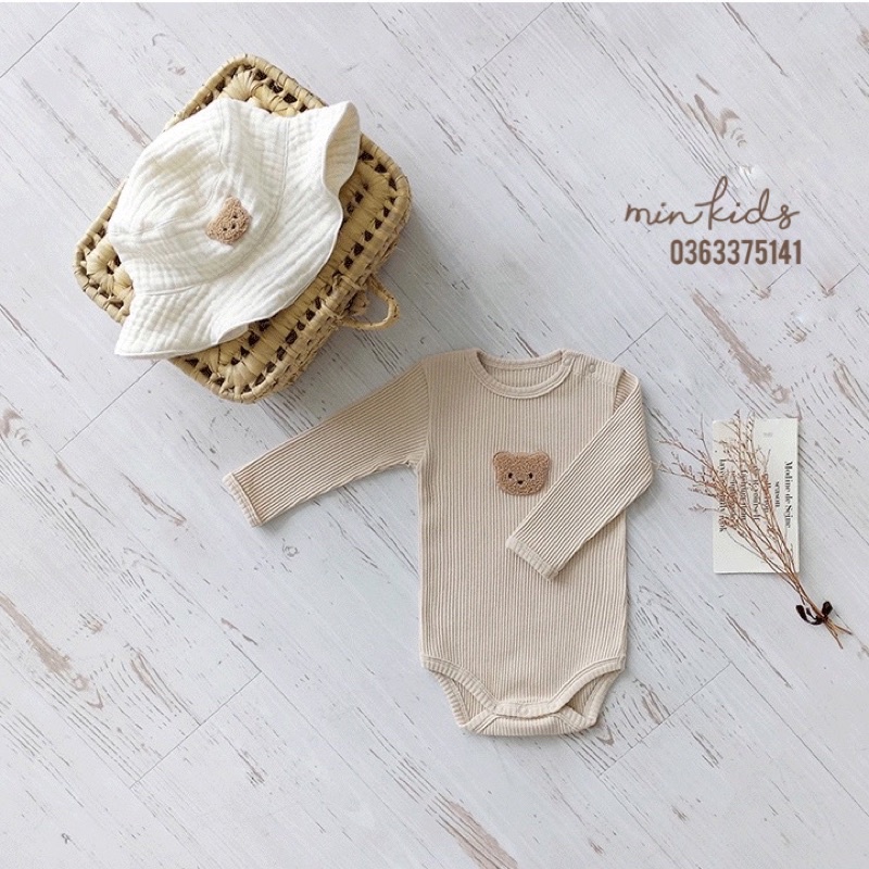 Bodysuit dài tay thun gân thêu hình gấu, sóc cho bé