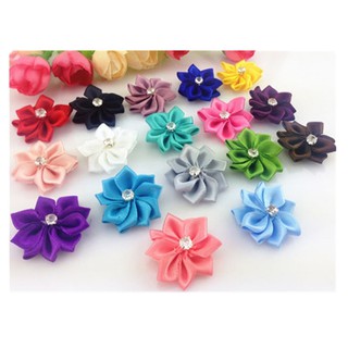 Set 10 bông hoa vải satin tự làm đính hạt pha lê xinh xắn
