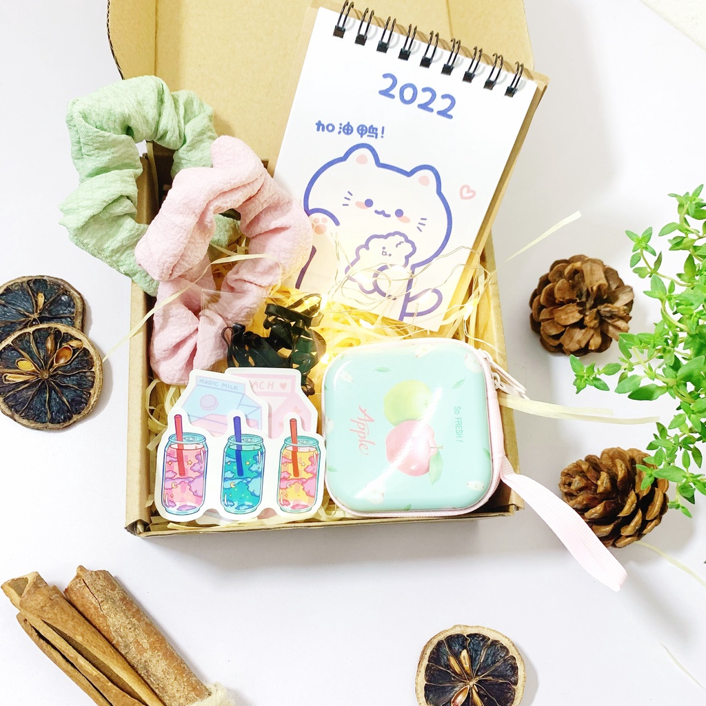 Set Quà Scrunchies Buộc Tóc Lịch Năm Mới Sticker Vintage Vỏ Hộp Đựng Tai Nghe, Đồ Mini Combo Hộp Quà DIY