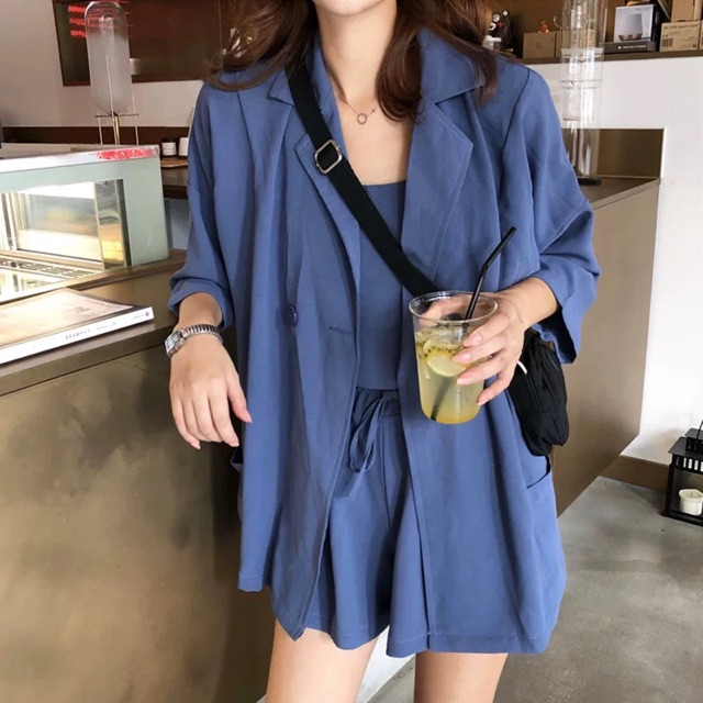 Có bigsize Set bộ 3 chi tiết: áo khoác blazer + áo 2 dây + quần short hot hit 2019