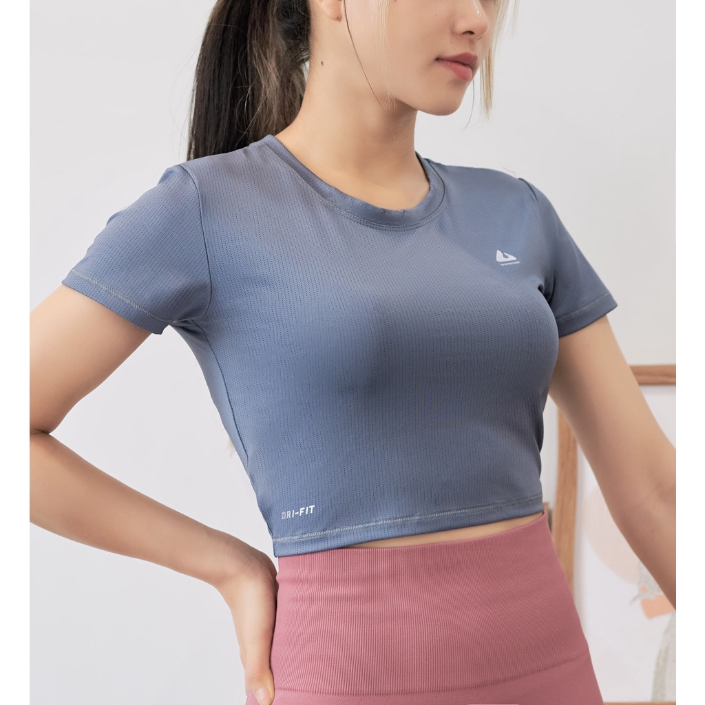 Áo Croptop Tập Gym Yoga Aerobic Chạy Bộ, Thể Thao Nữ NAQIYAYABEI, Áo Thun Tay Đùi Nữ Co Giãn Tốt, Ôm Dáng Fit Body