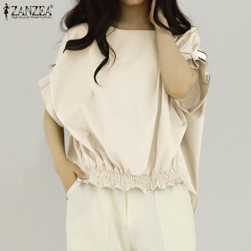 Áo thun ZANZEA tay ngắn cổ tròn màu trơn đơn giản thời trang Hàn Quốc cho nữ