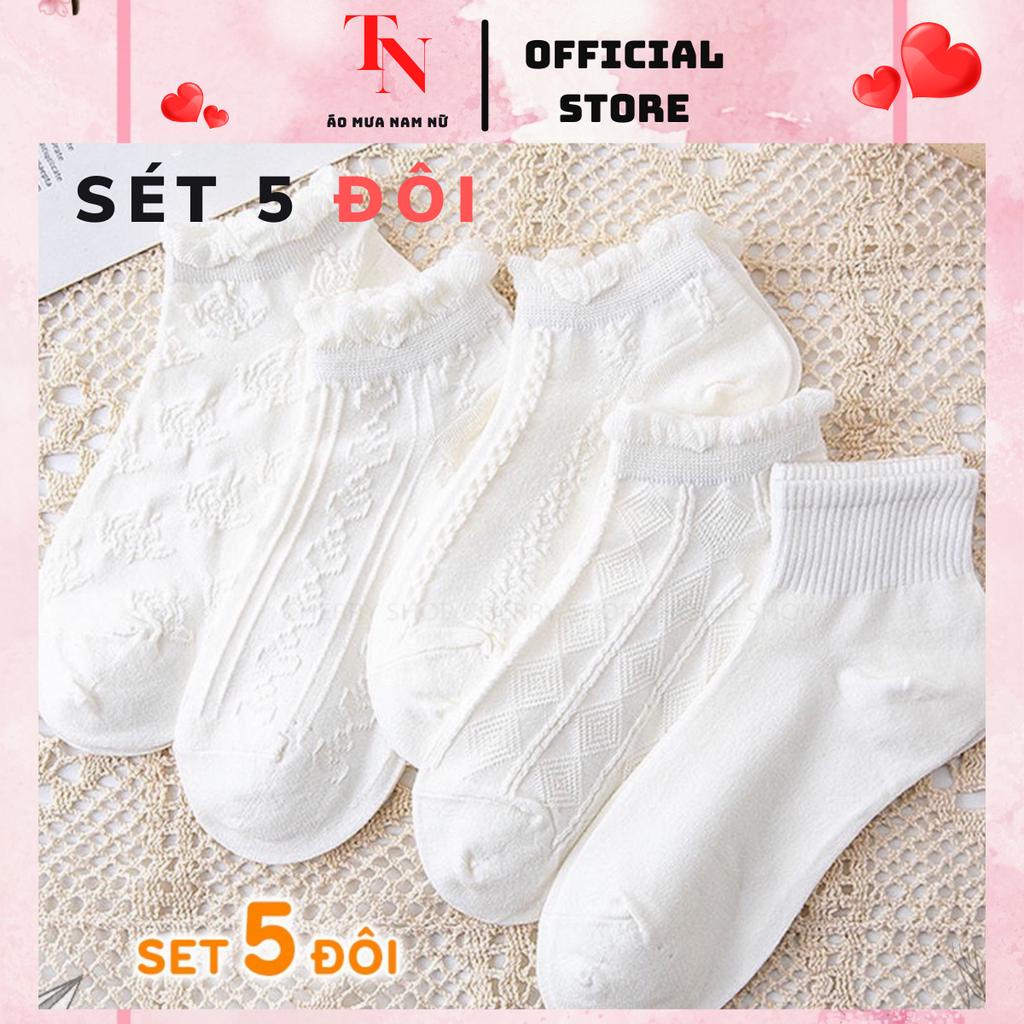 Tất nữ cổ ngắn chất liệu vải cotton, set 5 đôi tất vớ trắng phong cách Hàn Quốc dễ thương M26C3 - Tình Ngọc Store