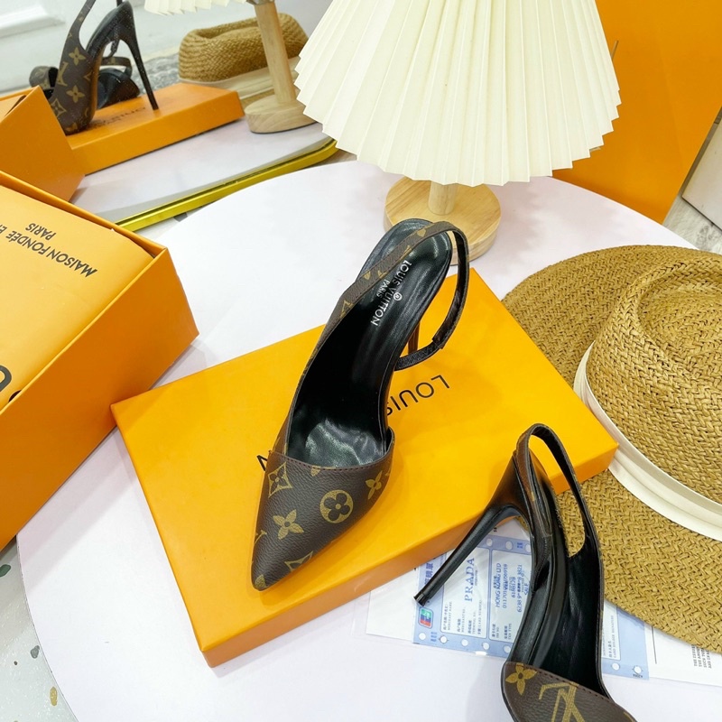 Sandal hoa nâu khoét eo gót nhọn fullbox