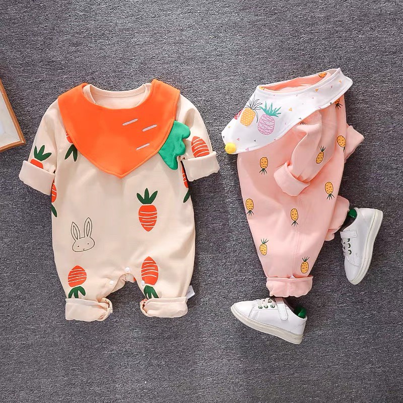 Quần Áo Trẻ Em Sơ Sinh Babi mama Bộ Đồ Bé Gái Body Liền Thân Cotton Dài Tay Kèm Yếm Size 4-15kg SS07