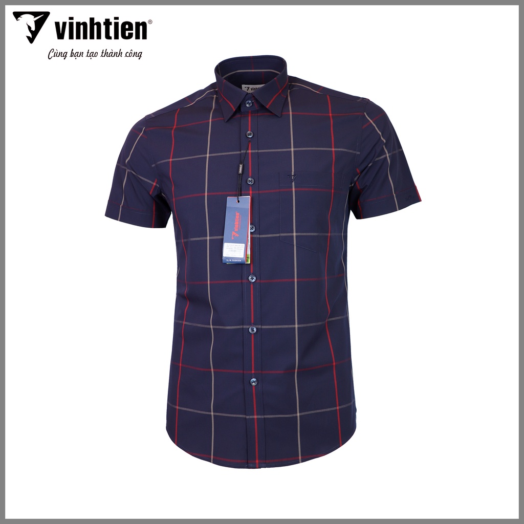 Áo Sơ Mi Nam Tay Ngắn Caro Vải Bamboo Vĩnh Tiến Form Slimfit Vạt Bầu 430 - G116