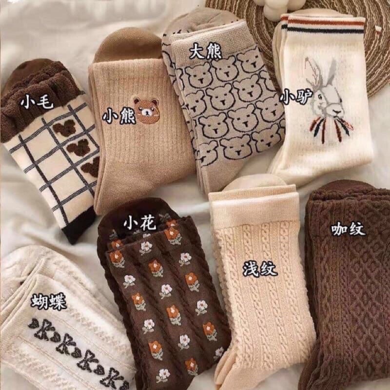 Sét 8 đôi tất nữ VINTAGE 🍁FREESHIP🍁Tất nữ cổ cao vớ nữ cổ cao vải cotton co dãn tốt thêu họa tiết