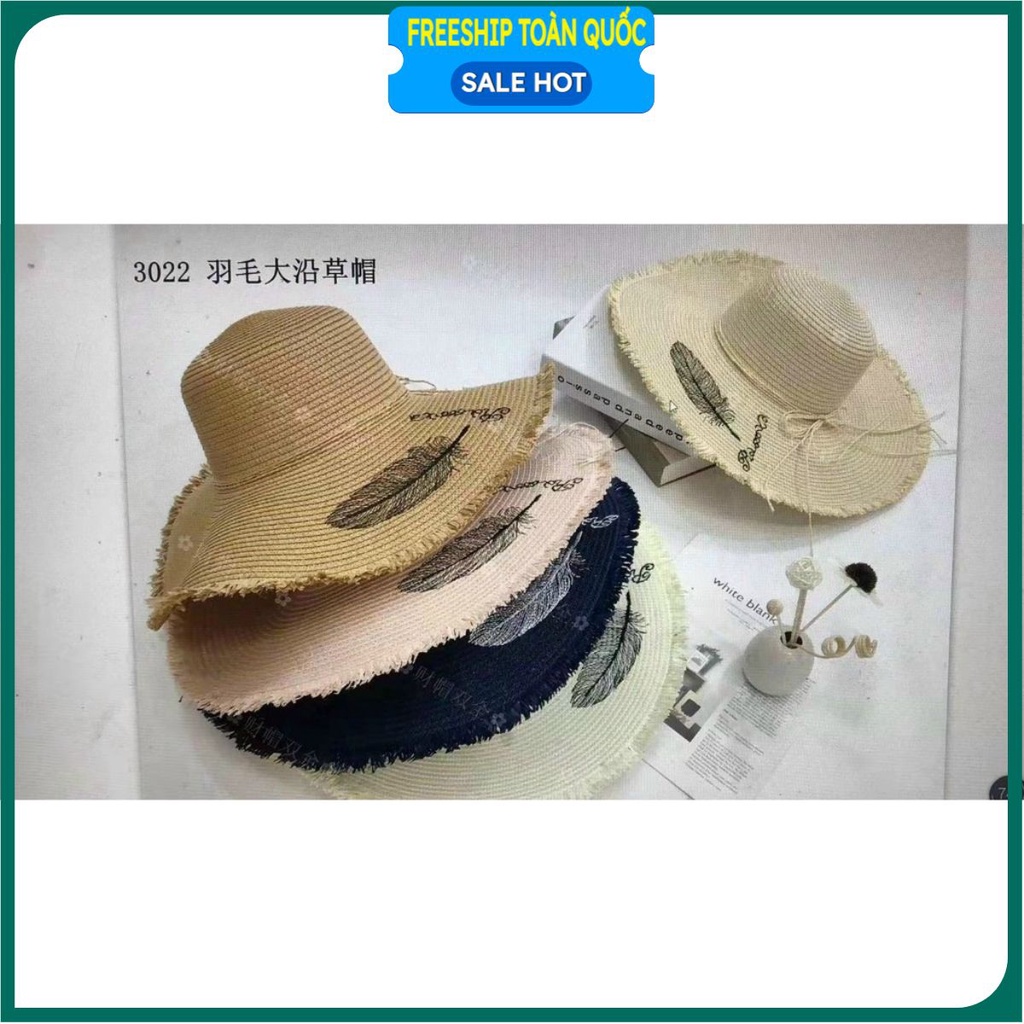 Mũ cói vành rộng thêu hình lá đi biển, đi chơi cho nữ