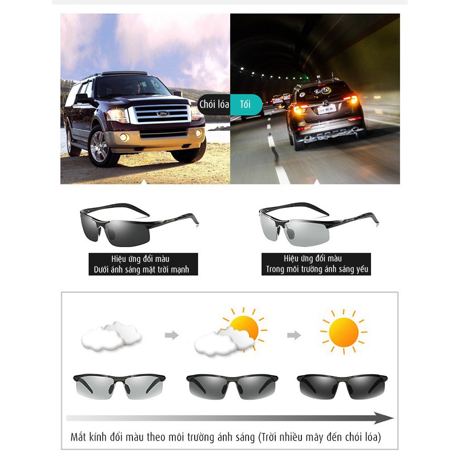 Mắt kính nam đổi màu đi ngày và đêm gọng nhôm magiê khớp lò xo nhẹ, tròng phân cực polarized chống chói, tia UV - MK1820