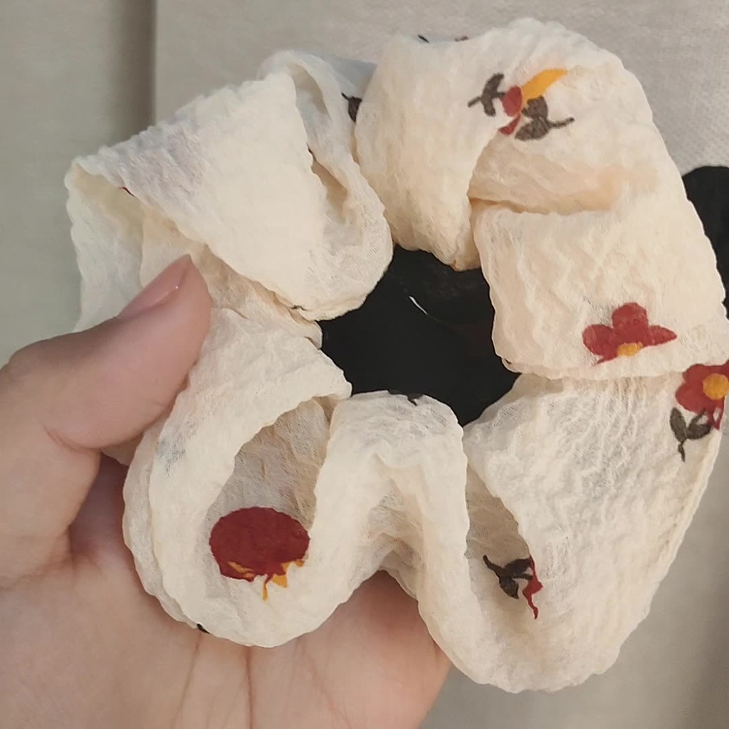 (0424) Dây Chun Scrunchies Vải Thô Nhăn Hoa Nhí Đơn Giản Nữ Tính