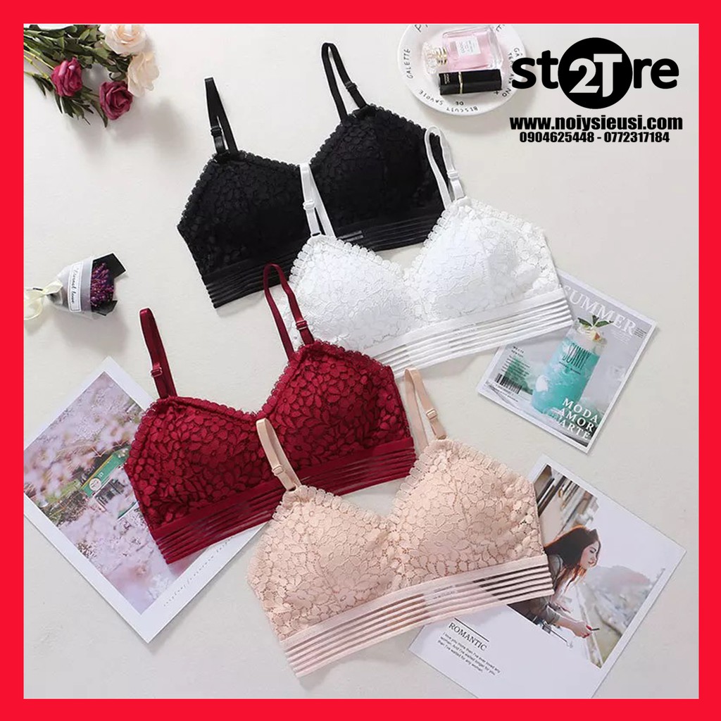 Áo lót bralette ren hoa phối viền sọc mouse mõng cài sau 3 móc khoá 835