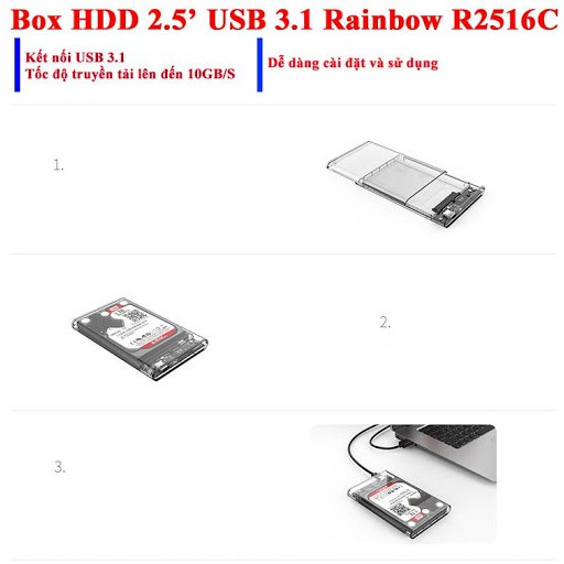Hộp để ổ cứng di động Box HDD/SSD trong suốt RAINBOW R2516C SATA 2.5 inch USB 3.1 hỗ trợ lên đến 4TB (Type C) | WebRaoVat - webraovat.net.vn
